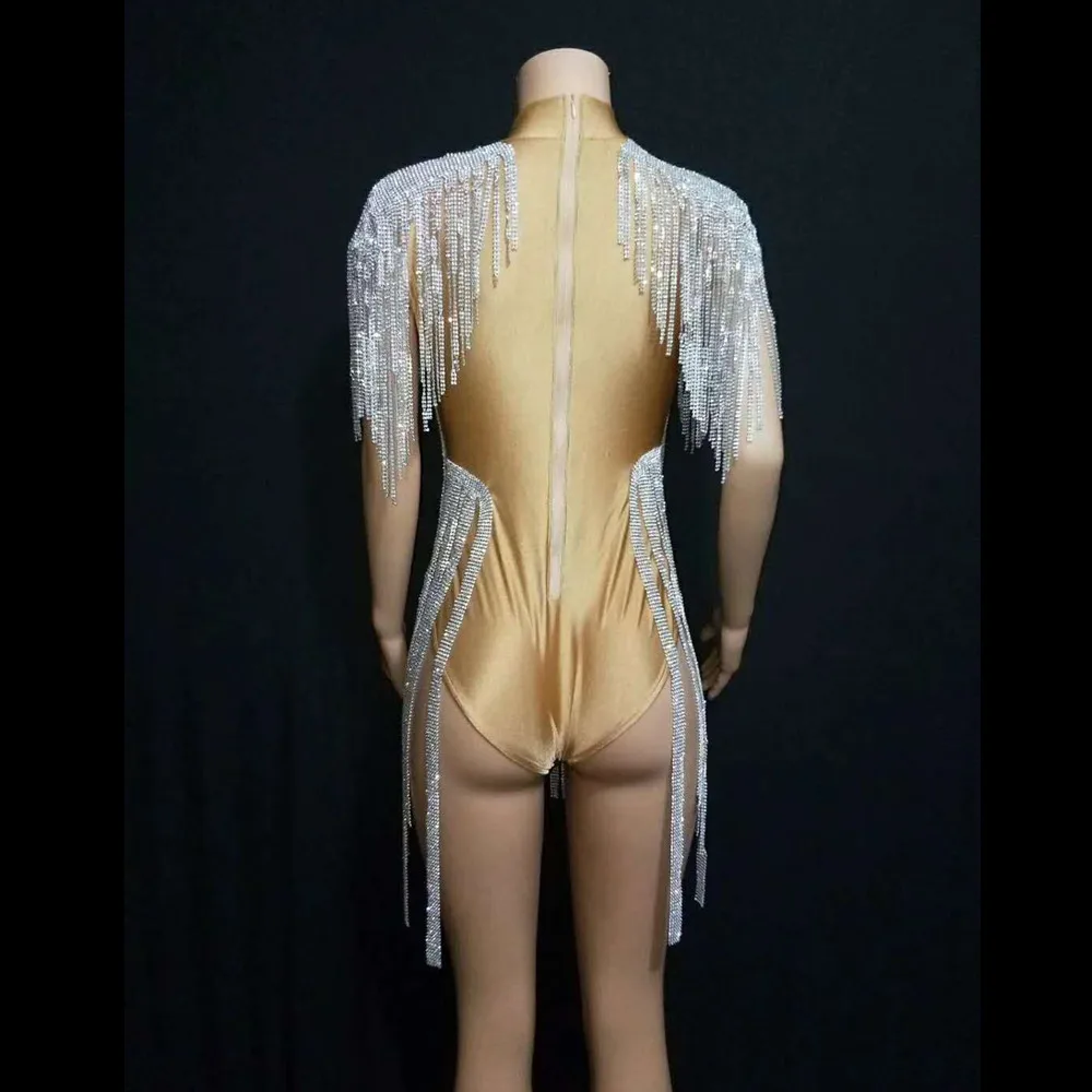 Shining Rhinestones Long Tassel Party Bodysuits Nightclub Sexy Fringes Leotard Women Jazz Singer Dancer Bodysuit Stage Clothing