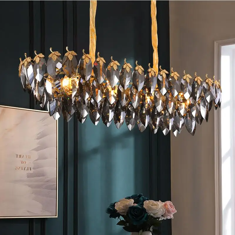 

Crystal Leaf Chandelier Modern Simple Rectangular Villa Smoke Gray Crystal Decorative Lamp Island Lighting