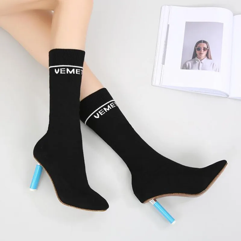 Модные сапоги до середины икры на квадратном каблуке женские вязаные носки с