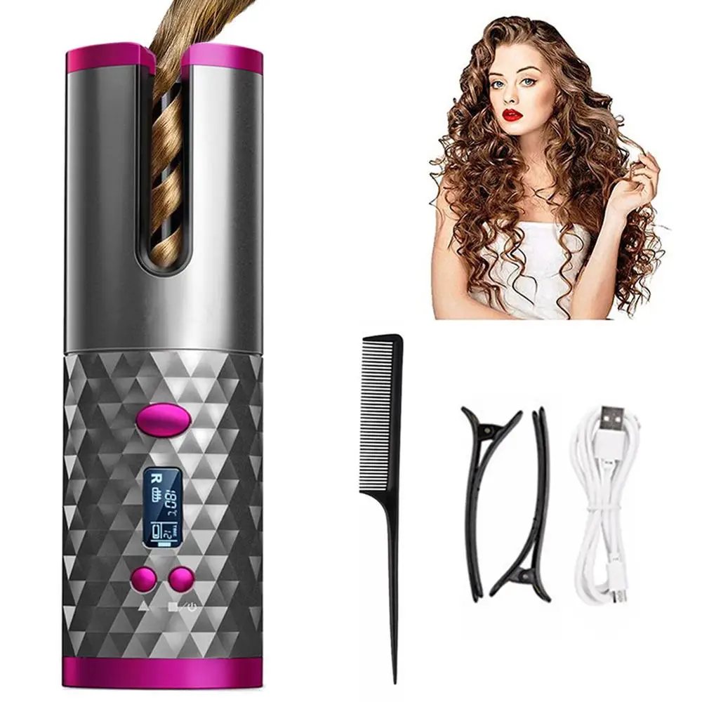 

Cordless Automatic Hair Curler USB Rechargeable Curling Iron Curls Waves LCD Display Ceramic Curly Rotating Curling Wave Styer