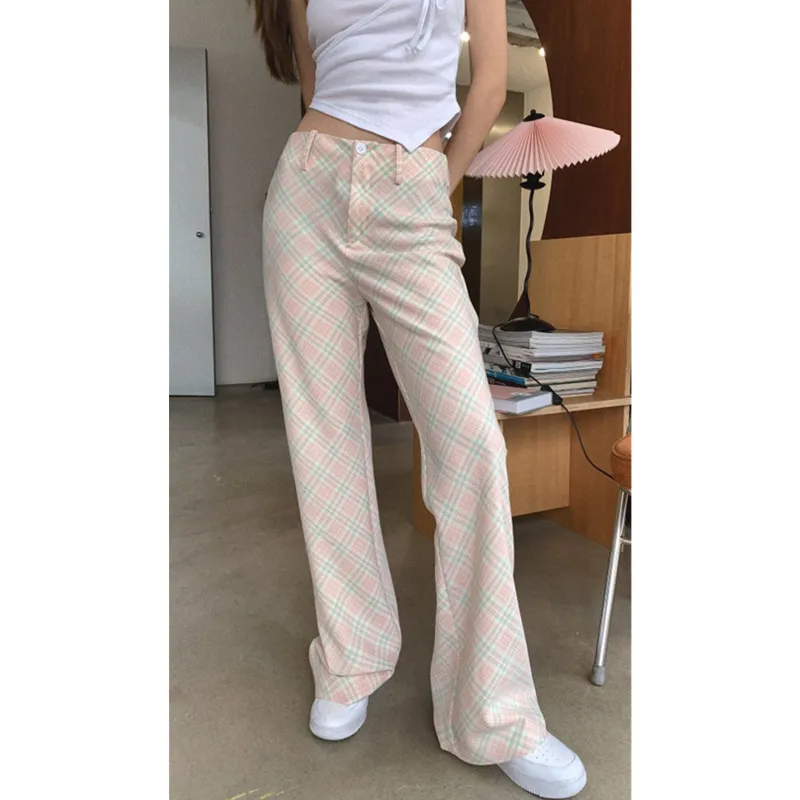 

Real shot casual retro plaid casual trousers women's summer 2021 high-waisted slim straight-leg pants