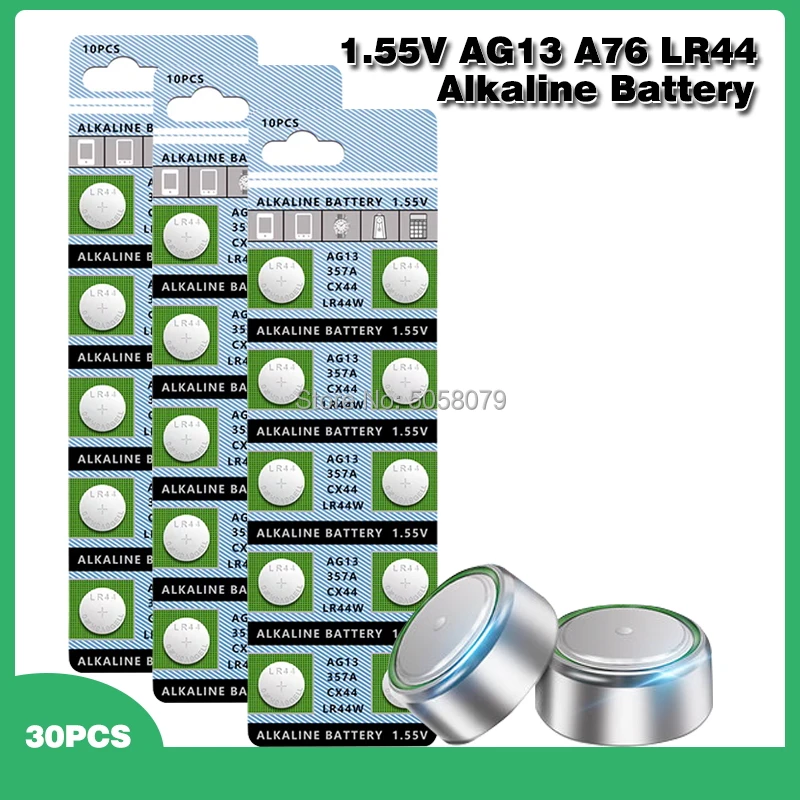 30 шт. щелочная батарея для монет 1 55 в AG13 LR44 батарейки LR1154 SR44 A76 357A 303 357 AG 13 часов