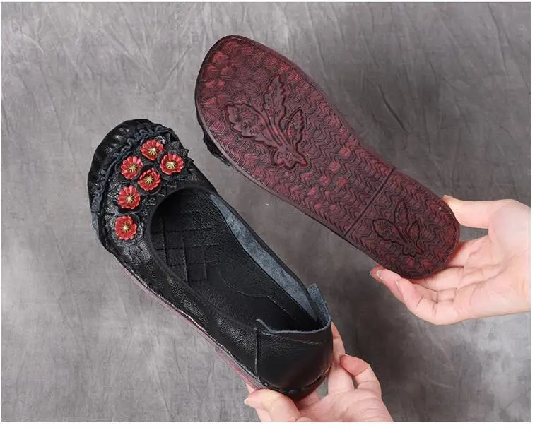 2021 Women Loafers Genuine Leather Flat Heels Flower Round Toe Handmade Shoes Soft Comfortable Platform Ladies Shoes