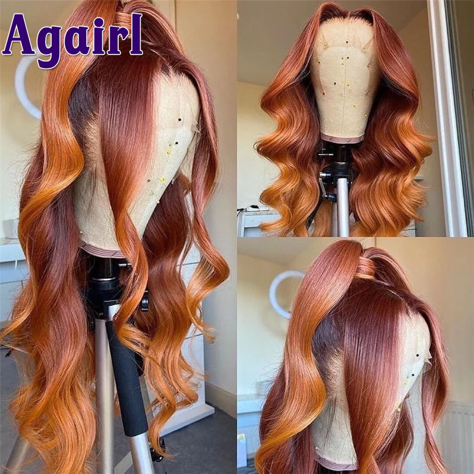 

Ombre Orange Red Body Wave Human Hair Wigs HD Transparent 13x4 Lace Frontal Wig 30Inch Pre pluck Malaysian Remy Lace Front Wig