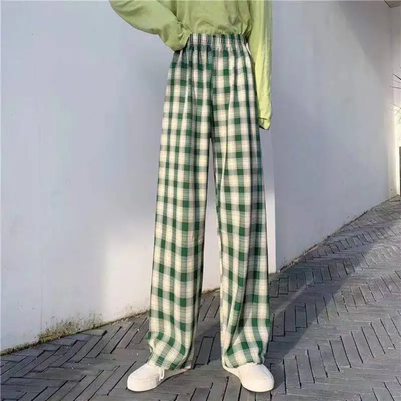 

WEPBEL Women High Waist Plaid Pants Ladies High Waist Checkered Straight Loose Sweat Pants Wide Leg Streetwear