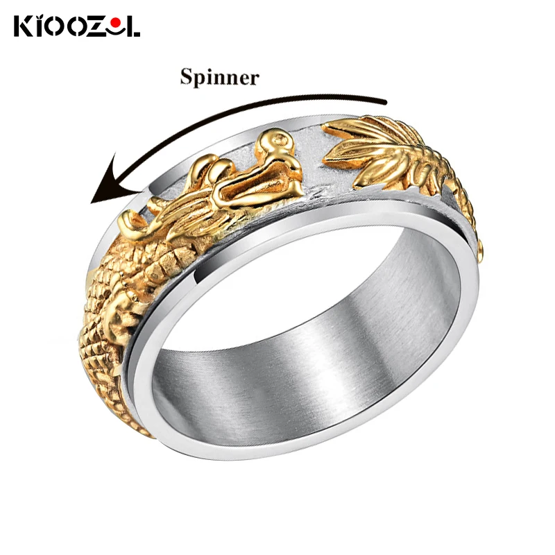 

KIOOZOL Stainless Steel Chinese Dragon Style Spinner Gold Silver Color Rings For Men Hot Jewelry Accessories 2021 Trend 223 KO2