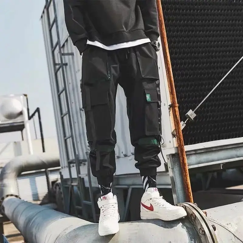 

HOUZHOU Black Cargo Pants for Men Joggers Sweatpants Male Casual Pants Cotton Korean Cargo Trousers Streetwear Hip Hop Ribbons