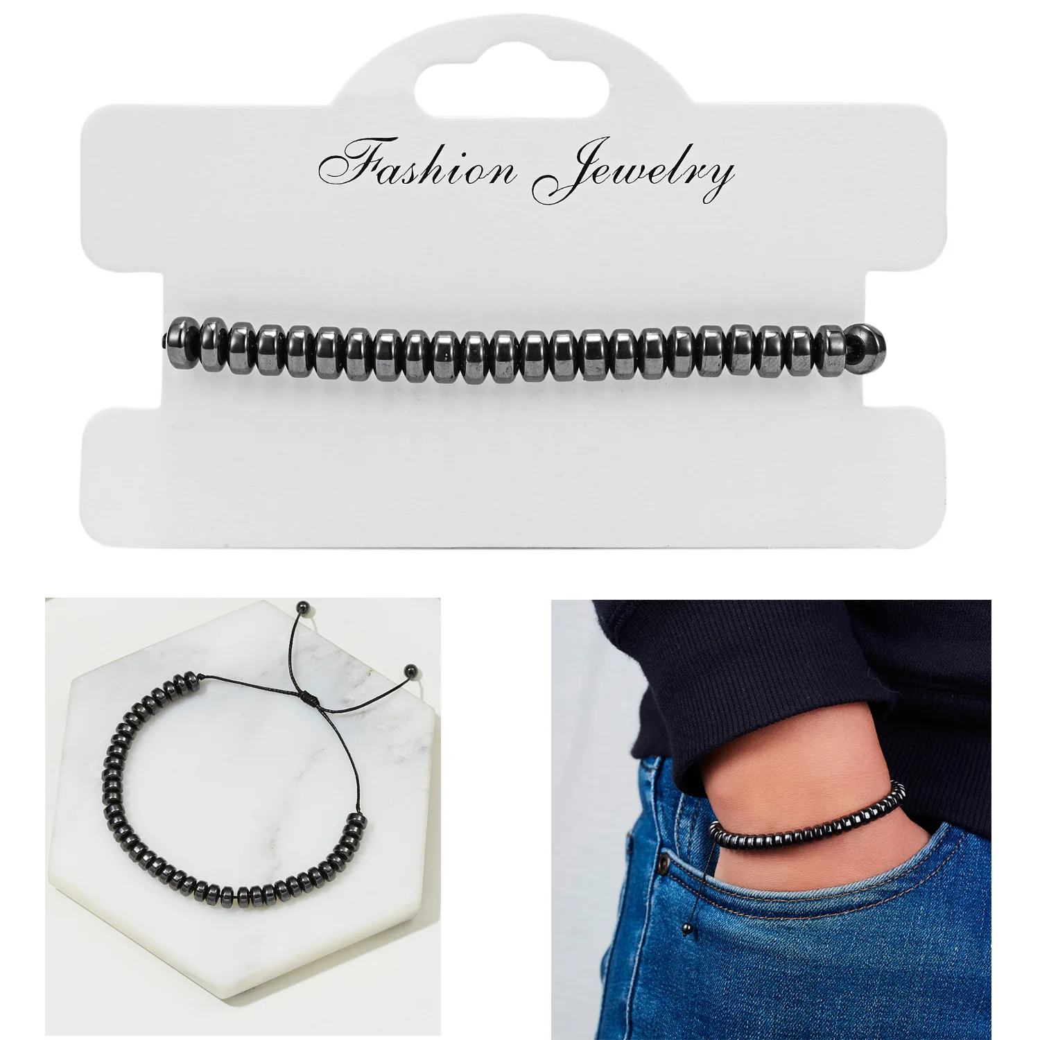 

Simple Wild Geometric Bracelet Creative Love Flat Beads Black Gallstone Hand-woven Adjustable Bangle Bracelets Jewelry Wholesale