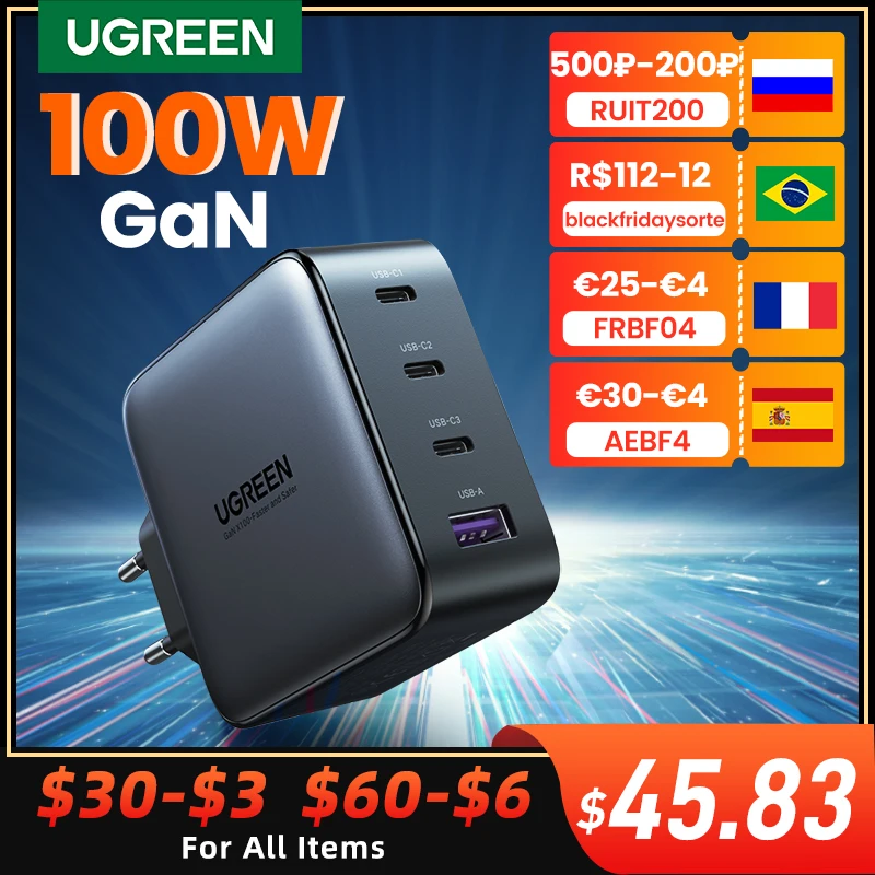 Зарядное устройство UGREEN USB Type-C, 100 Вт, GaN, для Macbook, планшетов, для iPhone, Xiaomi, PD, iPhone 13, 12, 11