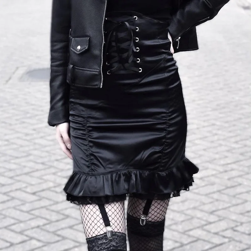 

Lace Up Bandage Skinny Skirts Spring Women Ruffles High Waist Ruched Pencil Skirts 2021 Dark Academia Black Elegant Mini Skirt