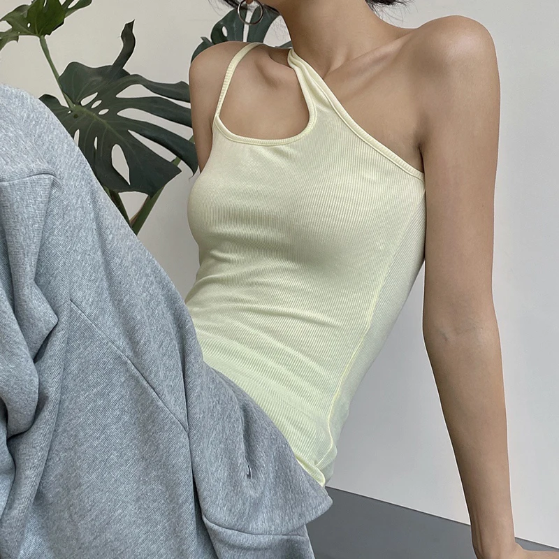 

TWOTWINSTYLE Hollow Out T Shirts For Female Skew Collar Sleeveless High Waist Slimming Women's Sexy T Shirt Fashion New 2021