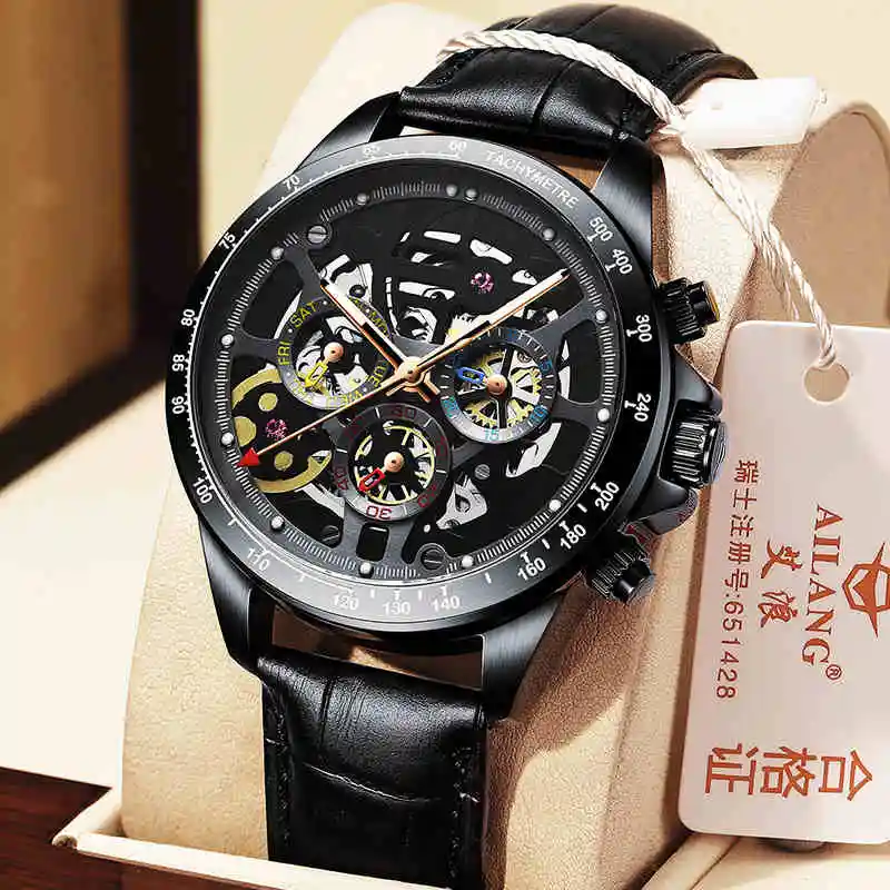 AILANG Men's Business Waterproof Luminous Automatic Mechanical Calendar Week Pointer 60 Sencond Hand Leather Watches 8827A enlarge
