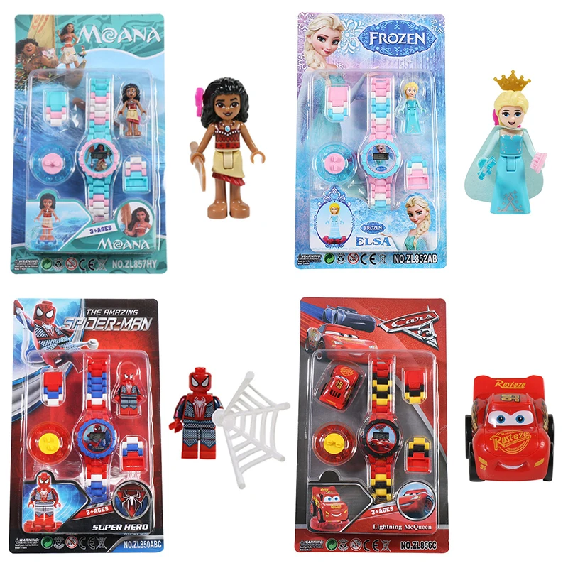 Дисней ротационные наручные часы аниме фигуры Замороженной принцессы Моаны Человек-паук Машинки Той Вотч Куклы Картонные фигуры детских игрушек.