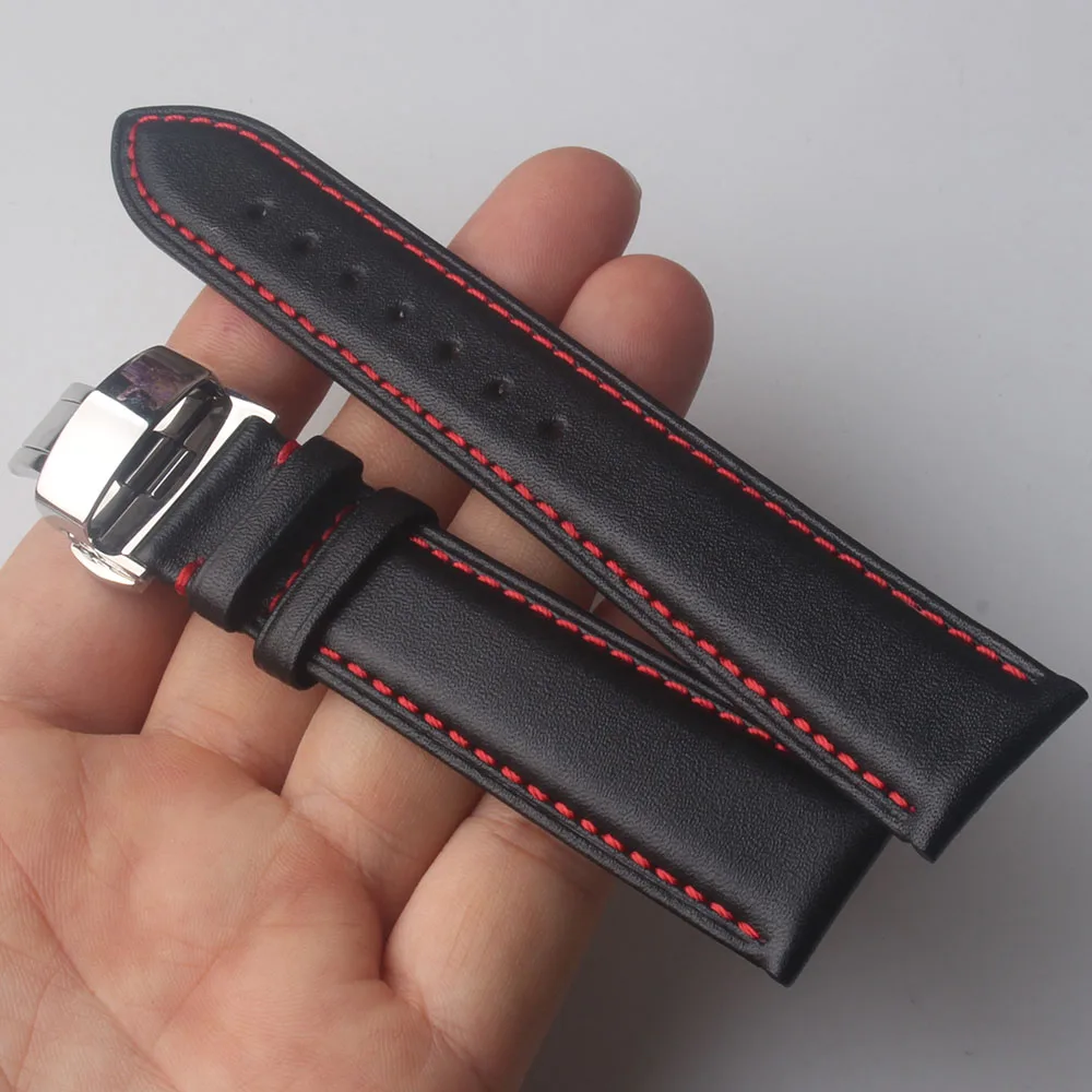 

Wrist Watchband Accessories Smooth Black with red leather watch band straps 20mm 22mm butterfly buckle new Replacement Watchband