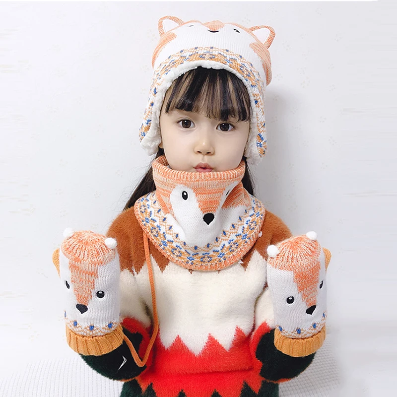 Детская шапка шарф перчатка набор зимняя с ушками для мальчиков и девочек Теплая