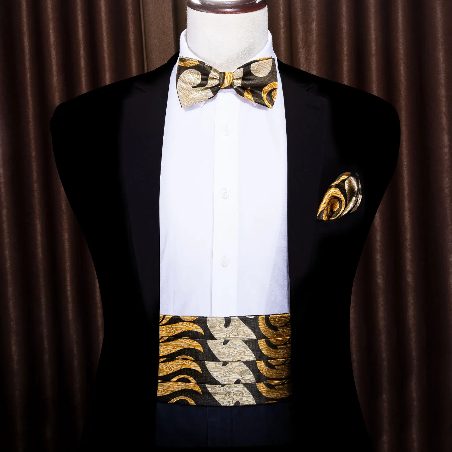 Для мужчин Золотой Пейсли широкий пояс черный галстук бабочка Шелковый