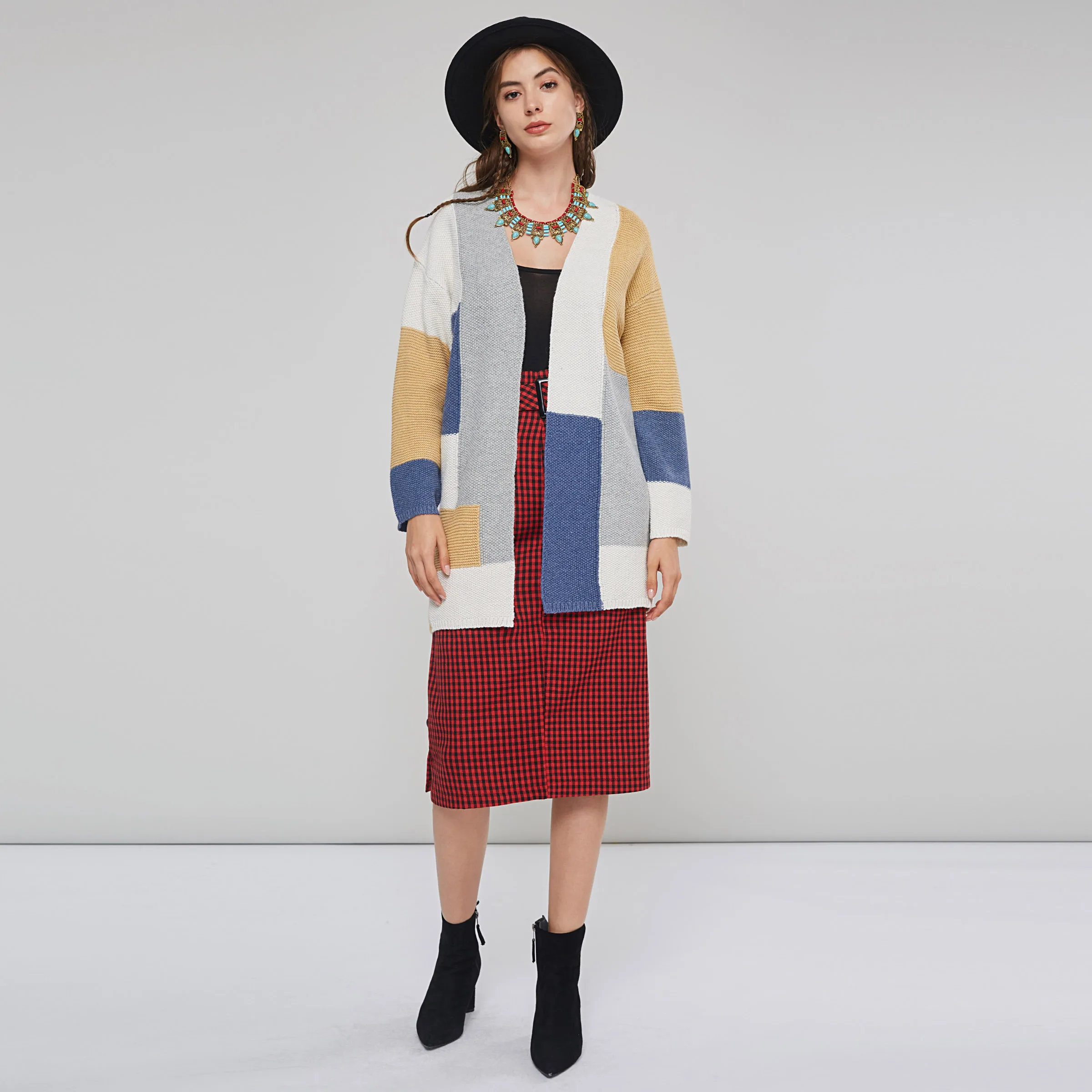 

Long Knitted Sweater Cardigan Women Winter Autumn Patchwork Female Fall Coat Open Front Office Cardigans Outwears Female New