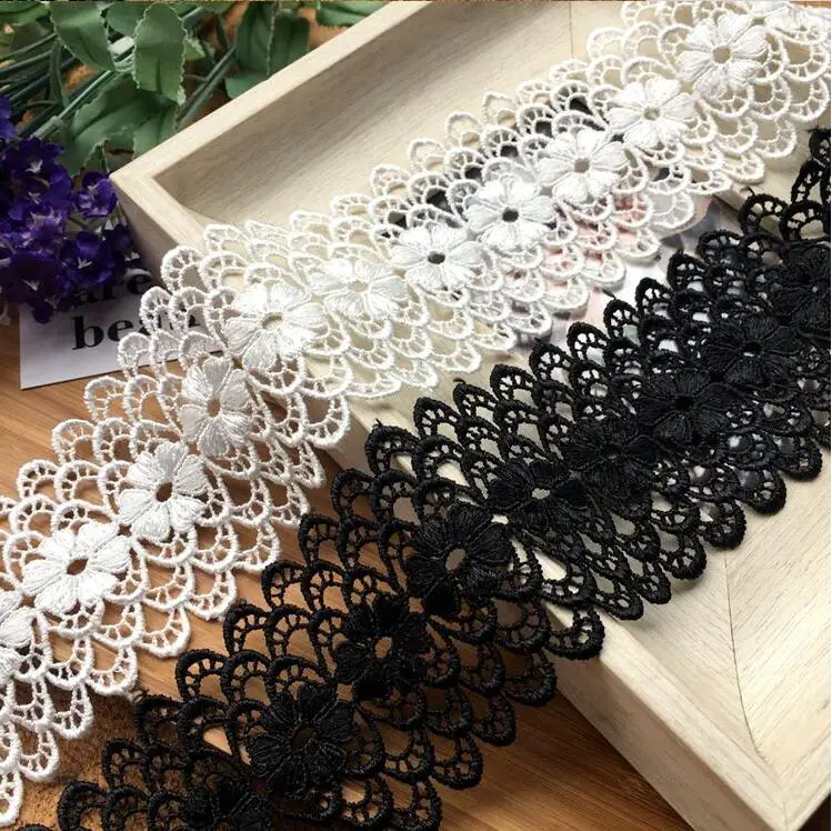 1 ярд белый черный цветок вышитая кружевная отделка по краю лента для аппликации