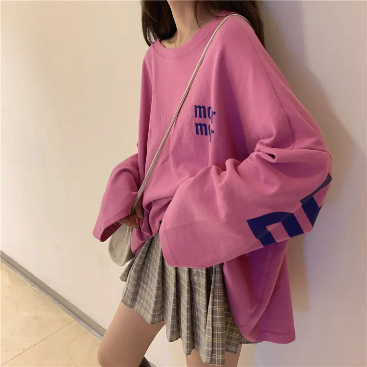 Ulzzang Топы mujer осень vogue корейский стиль одежда уличная панк с буквенным принтом Большие размеры с длинным рукавом Повседневная футболка женская