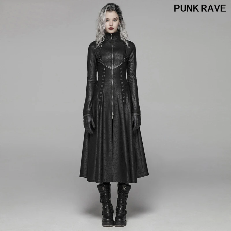 

Punk Stage Performance bind Women Long Overcoat Gothic Classic black Zipper Stand Collar Maxi Trench jacket PUNK RAVE WY-1065XCF