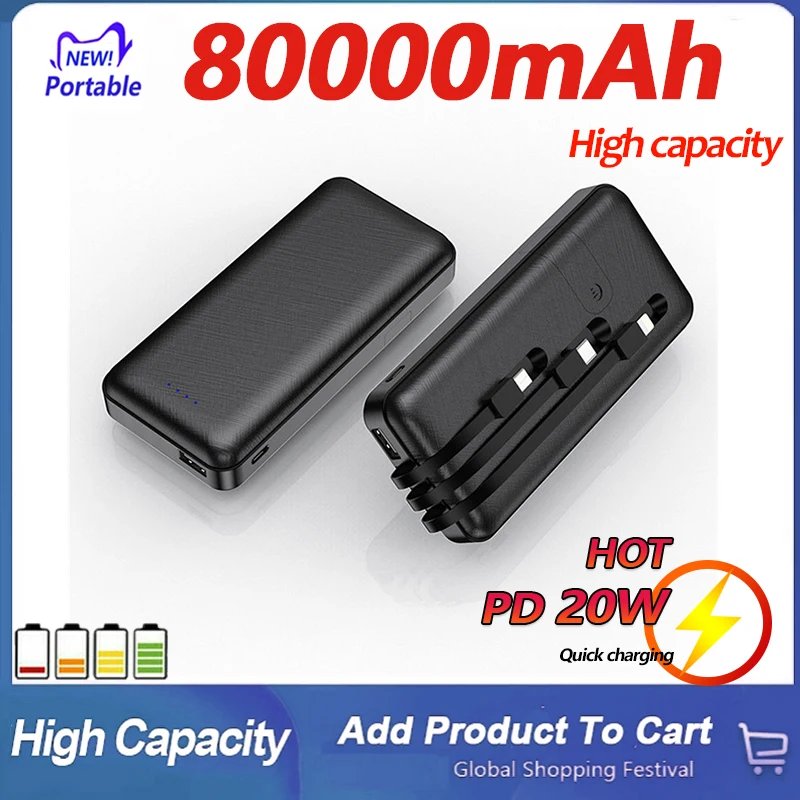 

80000mAh Own Line Power Bank Portable Mobilephone Charger High Capacity Fast Charging External Battery for Xiaomi IPhone Samsung