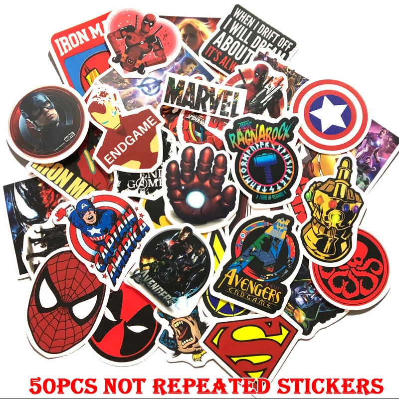 Pegatinas de Los Vengadores de Marvel, pel&iacute;cula de Disney, 10/50 Uds., pegatinas impermeables de Skateboard, guitarra, equipaje, port&aacute;til, pegatinas de juguete para ni&ntilde;os-0