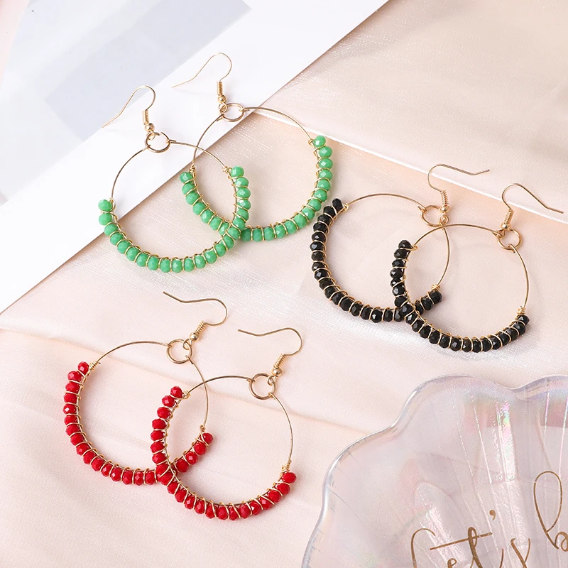 

Ceilim Bohemian Boho Big Hoop Beaded Earrings Circle Drop Earring for Women Ethnic Round Glass Bead Long Drop Earring Bijoux