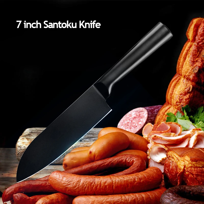 XYJ Kitchen Knife Set Japanese 7&quot Santoku 5&quot Utility 6.5&quot Chef Chopping Knives Holder Stainless Steel Black Blade Cooking Tools | Дом