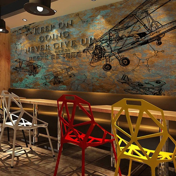 Internet cafe 3D personality aircraft background wall mural nostalgic retro theme restaurant wallpaper | Строительство и ремонт