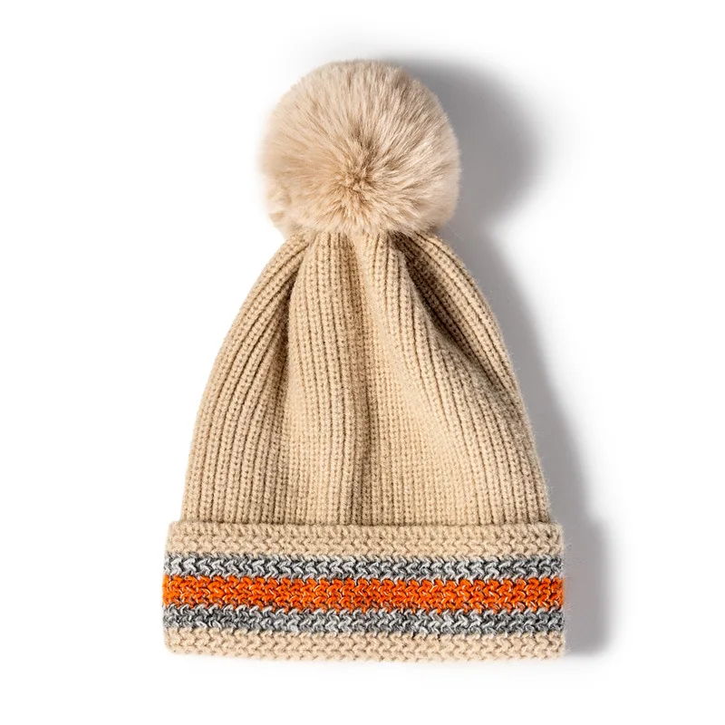 

Новинка Шапка-бини шапка с меховым помпоном полосатая жаккардовая шерстяная шапка уличная теплая плотная Женская шапка для осени и зимы