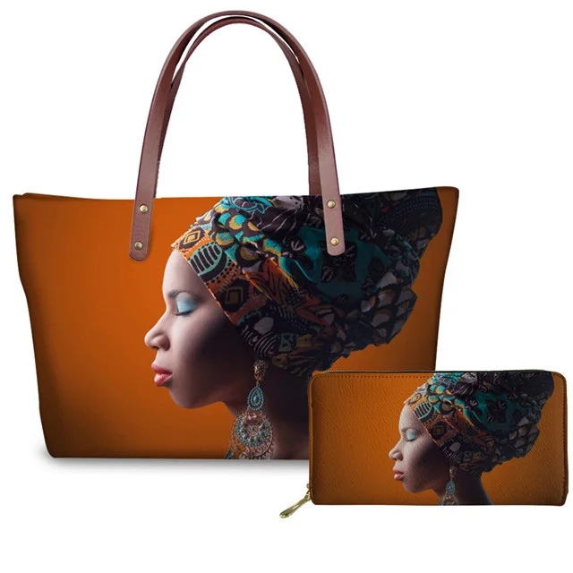 

African Girl Lady Oil Painting Handbags and Purse for Women Brand Designer Black Women Art Print Tote Casual Shoulder Bag Wallet