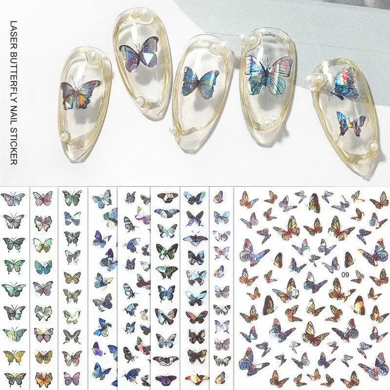 

3D-Наклейки для дизайна ногтей с лазерной бабочкой, клейкие слайдеры, цветные цветы, переводные наклейки для ногтей, фольга, декоративные обе...