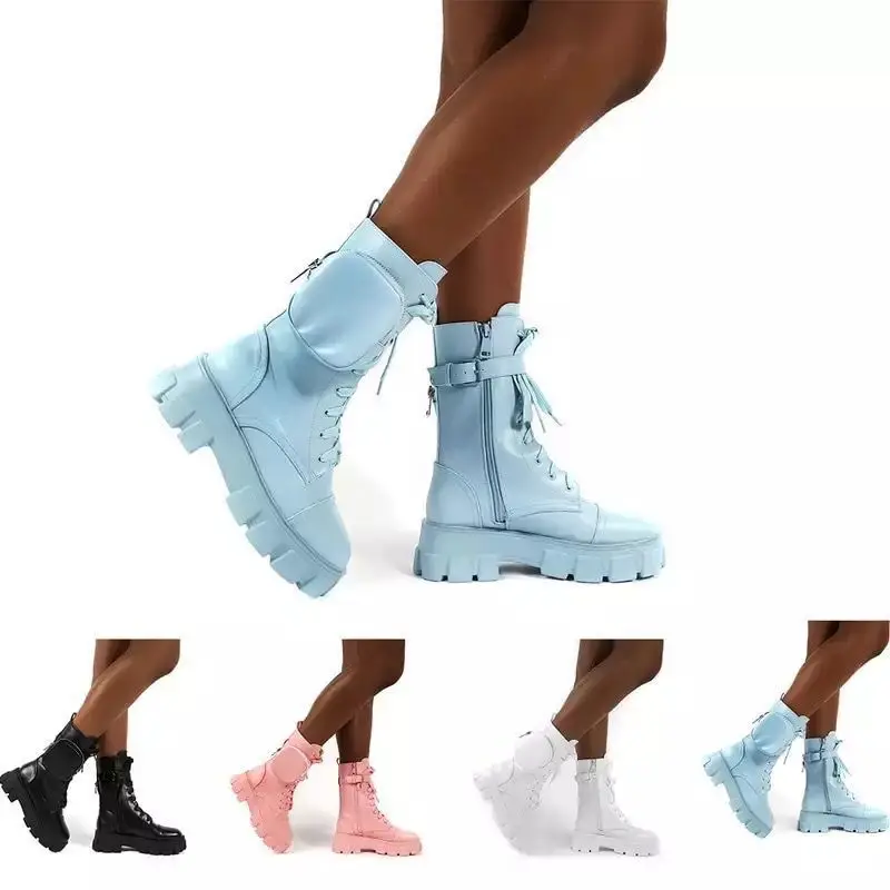

Platform Pocket Boots Women Chunky Heels Ankle Boots Ladies Autumn Winter Motorcycle Female Botas Mujer Plus Size 35-43