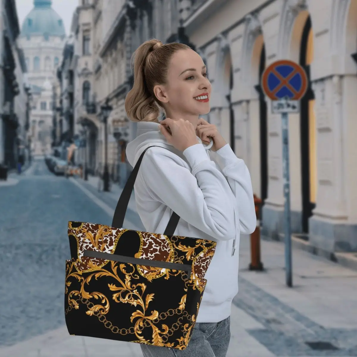

Women Shopping Bag Europen Golden Floral Handbag Daily Reusable Foldable Shopper High Capacity Travel Beach Shoulder Bag