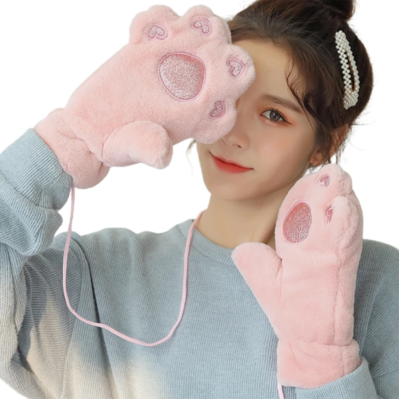 

Women Winter Thick Fluffy Plush Full Finger Gloves Cartoon Bear Paw Warm Mittens J78E