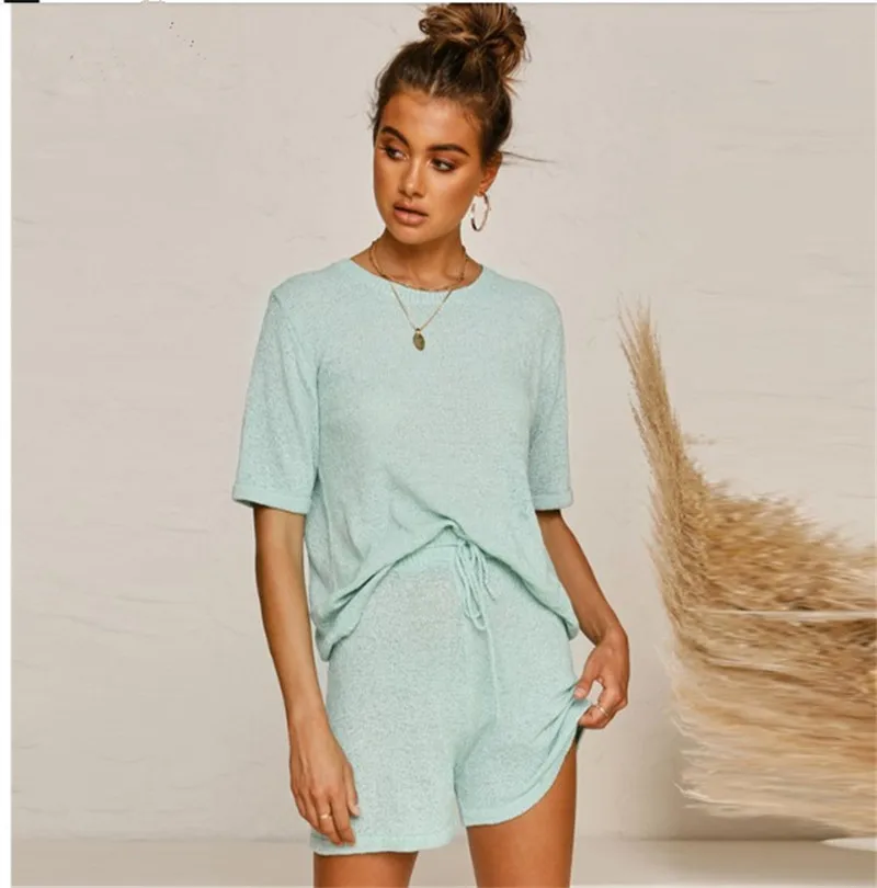 

Two Piece Set Women Tracksuit Summer Suits O-Neck Short Sleeve Pullover Top And Shorts Knitted Suit Solid Leisure Female Outfits