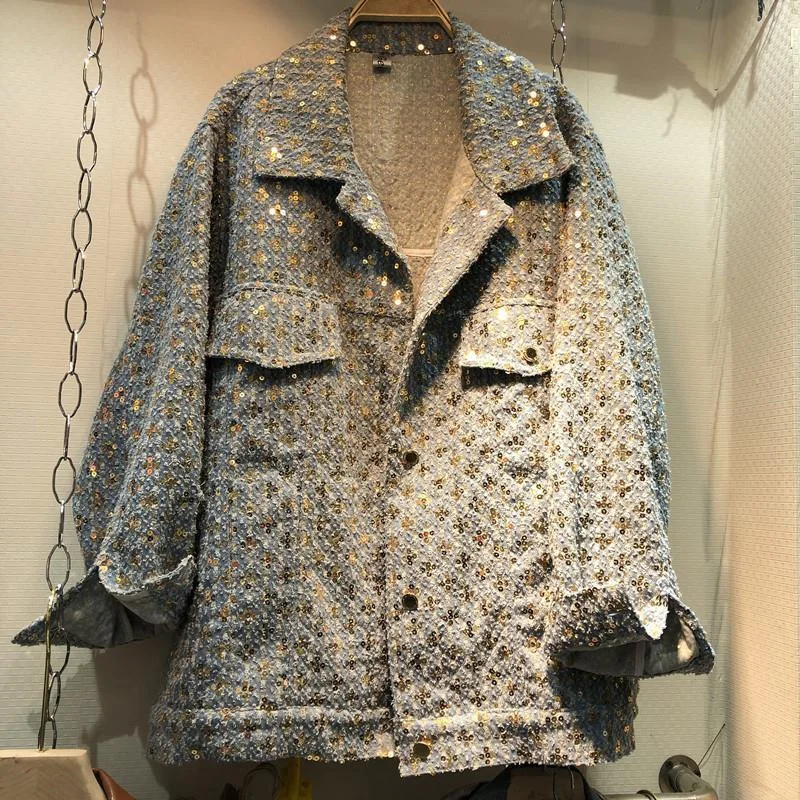 Женская джинсовая куртка с мультяшным принтом свободная оверсайз блестками и