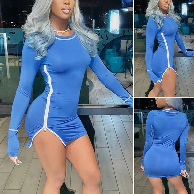 

Women White Side Zipper Sexy Split Dress Female Dress Blue