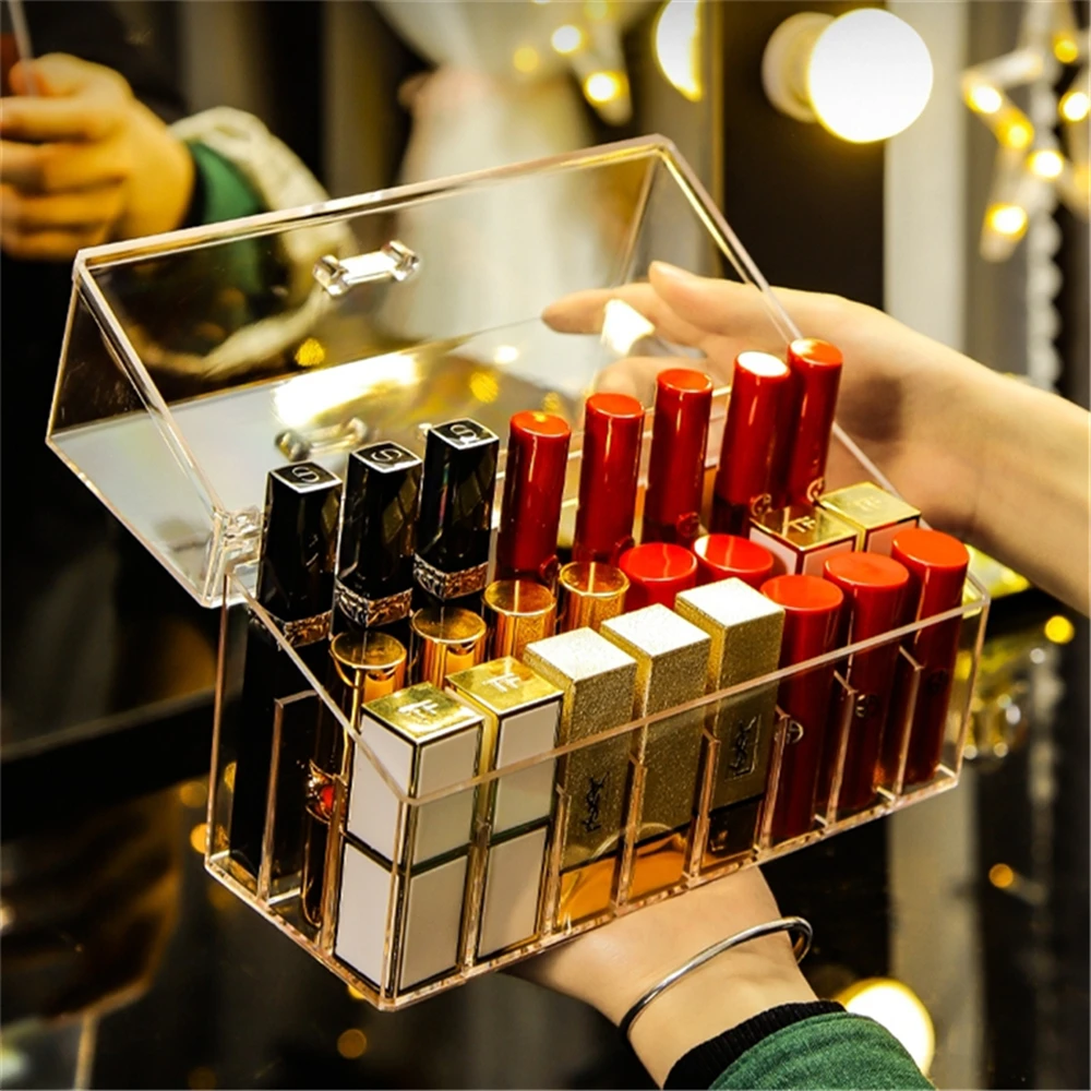 

18 Grids Clear Acrylic Organizer for Lipsticks Lip Gloss Glazes Dustproof Cosmetics Drawer Divider Makeup Brush Storage Box