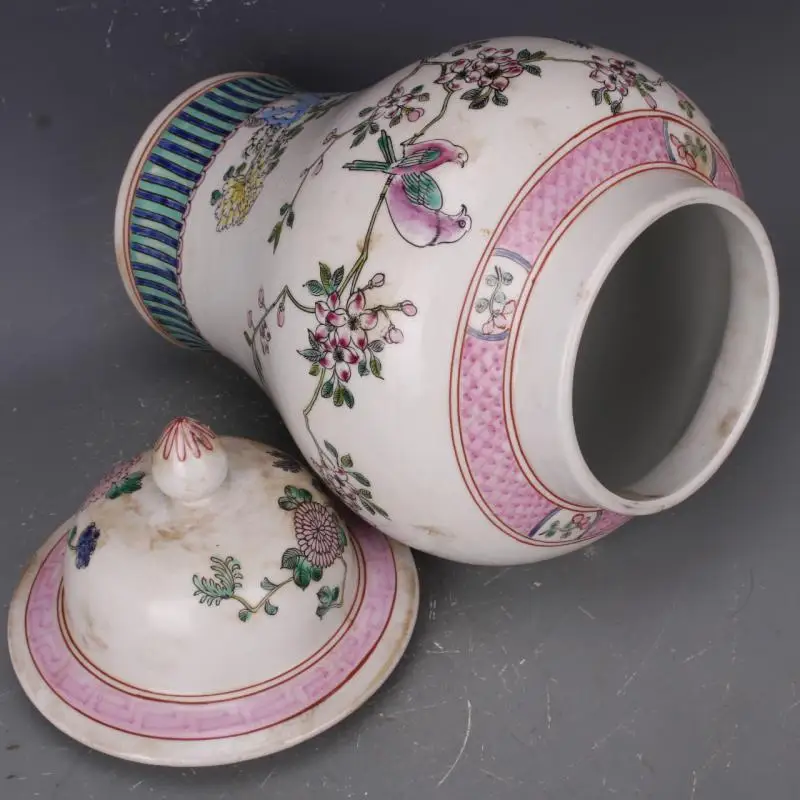 Qing Dynasty Kangxi летняя семья роза цветок и птица керамическая Имбирная банка