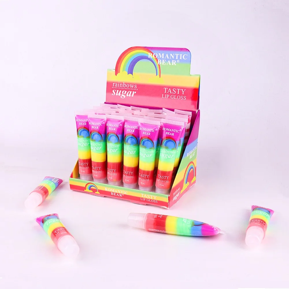 

24Pcs/lot Rainbow Tasty Sugar Lip gloss Glitter Lip Oil Sexy Cute Fruit Lip Balm Shiny Liquid Lipstick Moisturizing Lip Care