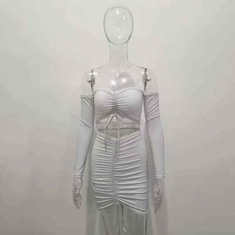 

XUXI Women, New, Sexy , Suit, Long Sleeves, Drawstring, Gold Silk, Sexy, Two-piece, Skirt, Female, Summer 2021, E282