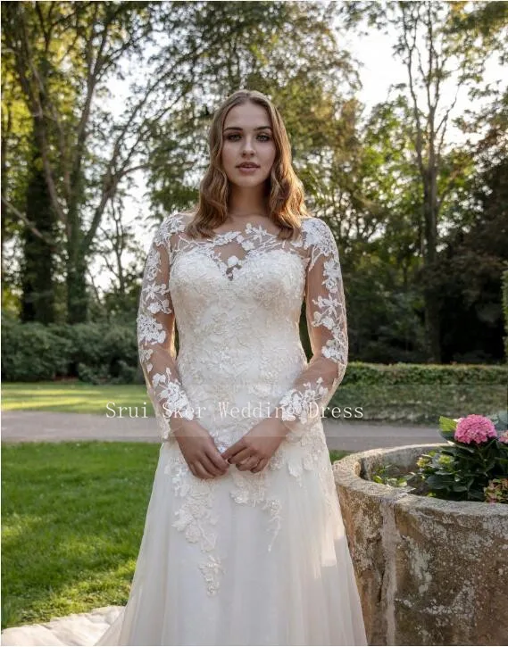 Elegant Sheath Champagne Wedding Dress Long Sleeve with Appliques Tulle Gowns 2019 Bridal Dresses Custom Made | Свадьбы и торжества