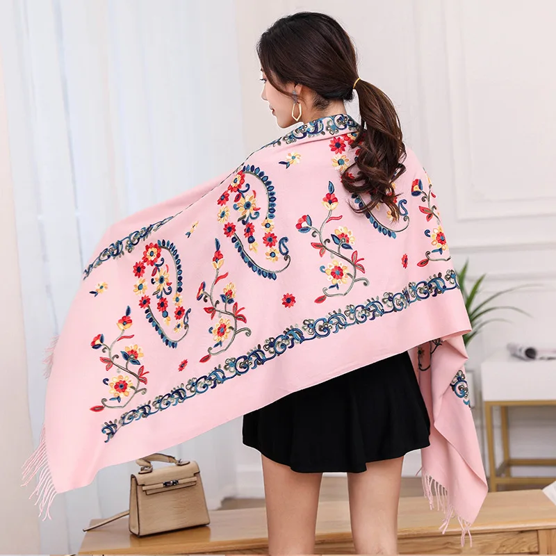 

2021 New Fashion Winter Warm Cashmere Scarf For Women Print Embroidery Pashmina Shawl And Warp Soft Thicken Blanket Lady Foulard