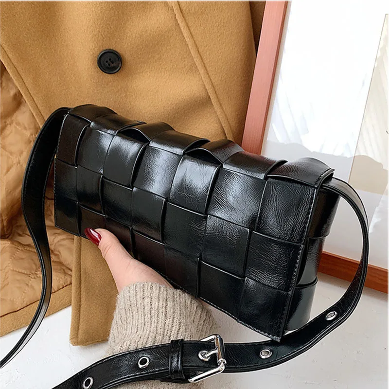 

Elegant Female Weave Crossbody Bag 2021 New Quality Leather Women's Designer Handbag Fashion Flap Black Shoulder Tote Bags Purse