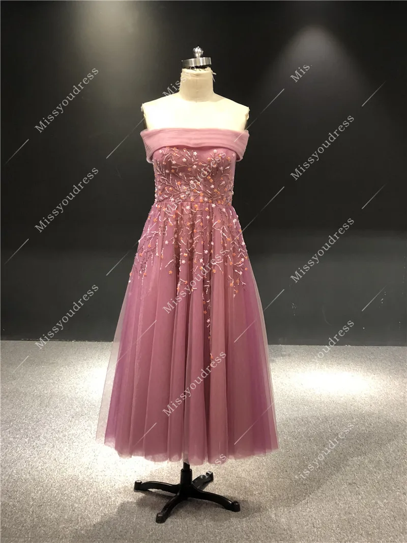 Georgeshobeika 2021 100% Real Pictures Red Bean Paste Heavy Beads Boat Neck Tea Length Prom Party Bridal Dancing Evening Dresses