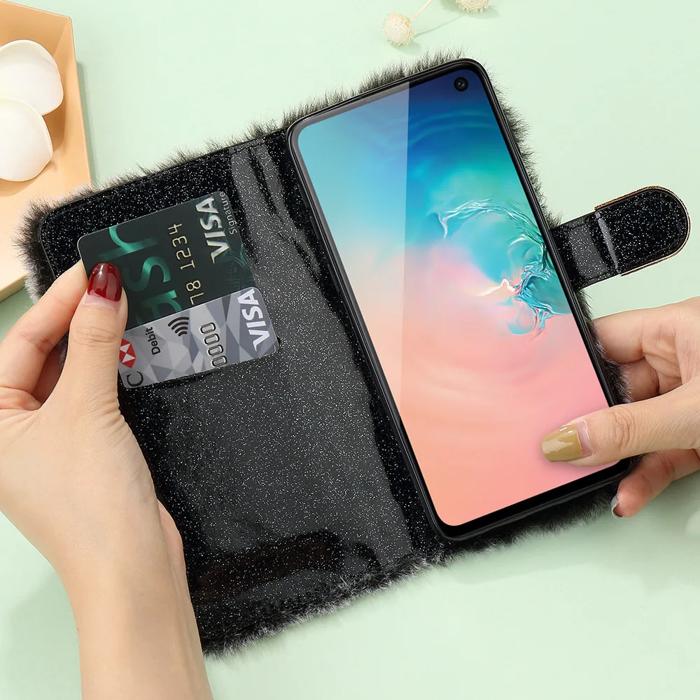 L-FADNUT Роскошный милый меховой пушистый чехол-кошелек для samsung Galaxy S10e Note 9 S9 Plus S8 Note 10 Plus 5G S7 edge мягкое кожанное покрытие