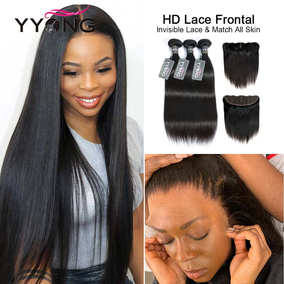 

YYong 26in HD Transparent 13x4 Lace Frontal With Bundles Brazilian Straight Remy Human Hair Bundles With Ear To Ear Lace Closure