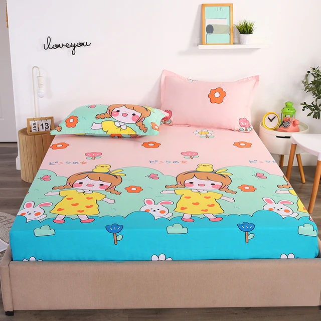 1pcs Cartoon 100% Pure Cotton Bed Sheet， Fitted Sheet With Elastic Band Bedding Kid Girl Queen Size Bed Mattress Cover Bedsheet 2