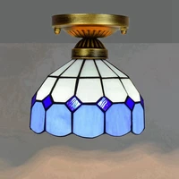european style 8 inch 20cm tiffany colored glass corridor balcony small ceiling lamp mediterranean blue and white grid